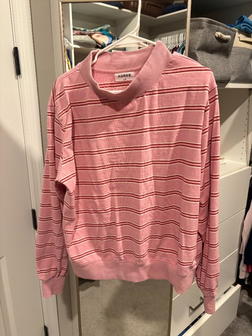 Parke Valentine's Day Sweetheart Stripe Pink Mockneck Sweater S/M
